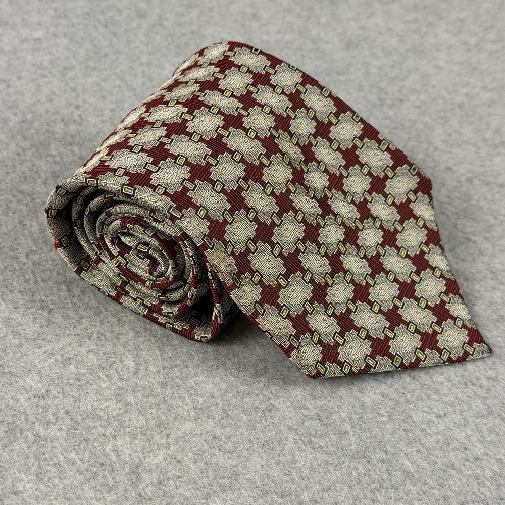 Vintage Garrick Anderson Silk Tie Geometric Red Cream Gold USA Necktie 58 X 4.25